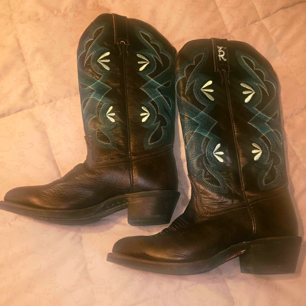 Ariat Leather Brown Cowboy Boots with Teal Pattern